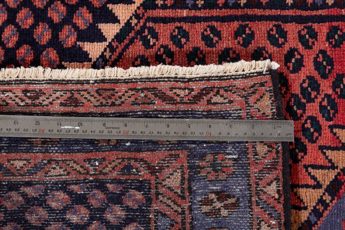 Vintage Rust Red, Blue Medallion Lattice Hand-Knotted Area Rug – 6' 7" x 3' 4" (200 x 102 cm)