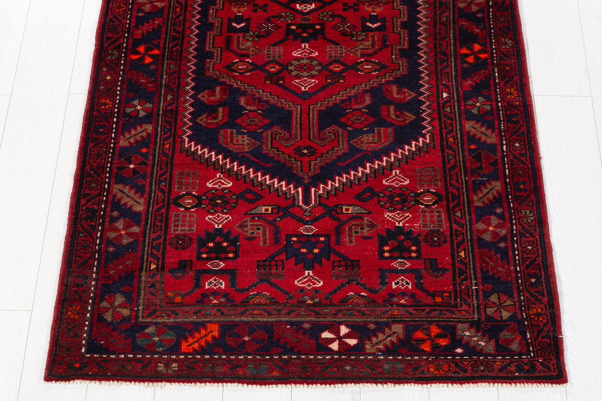 Vintage Red, Deep Navy Blue Central Medallion Hand-Knotted Area Rug – 7' 0" x 3' 8" (213 x 111 cm)