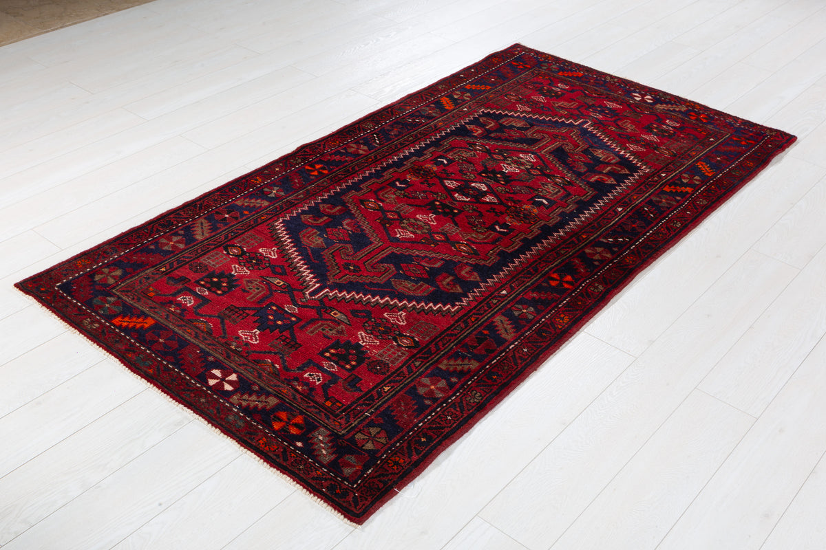 Vintage Red, Deep Navy Blue Central Medallion Hand-Knotted Area Rug – 7' 0" x 3' 8" (213 x 111 cm)