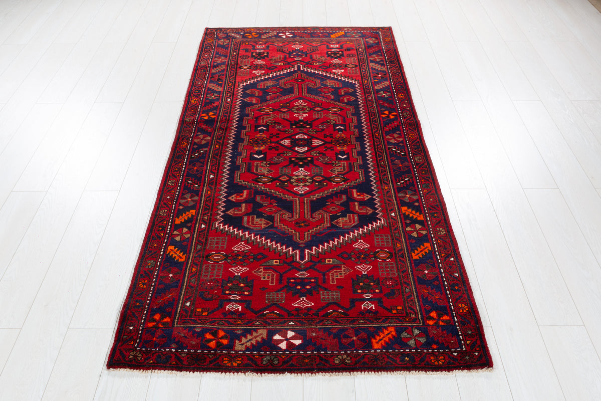 Vintage Red, Deep Navy Blue Central Medallion Hand-Knotted Area Rug – 7' 0" x 3' 8" (213 x 111 cm)