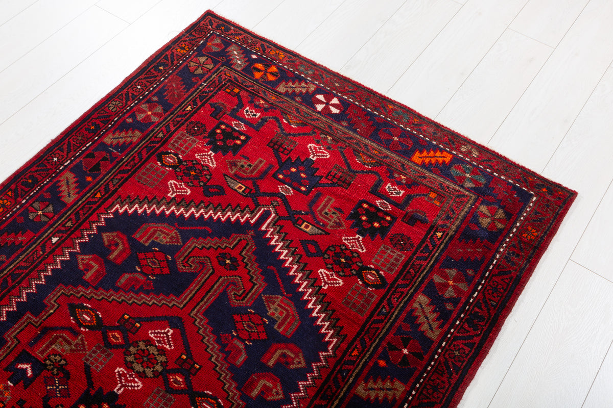 Vintage Red, Deep Navy Blue Central Medallion Hand-Knotted Area Rug – 7' 0" x 3' 8" (213 x 111 cm)
