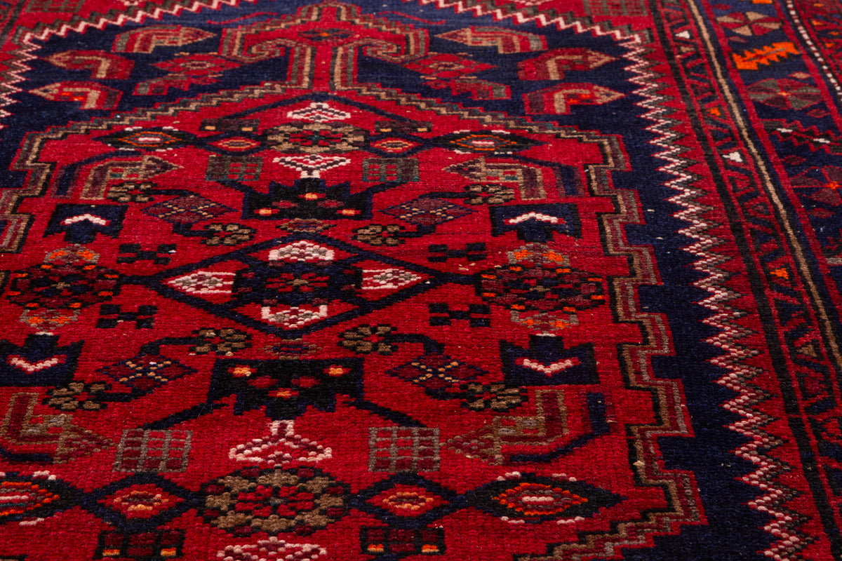 Vintage Red, Deep Navy Blue Central Medallion Hand-Knotted Area Rug – 7' 0" x 3' 8" (213 x 111 cm)