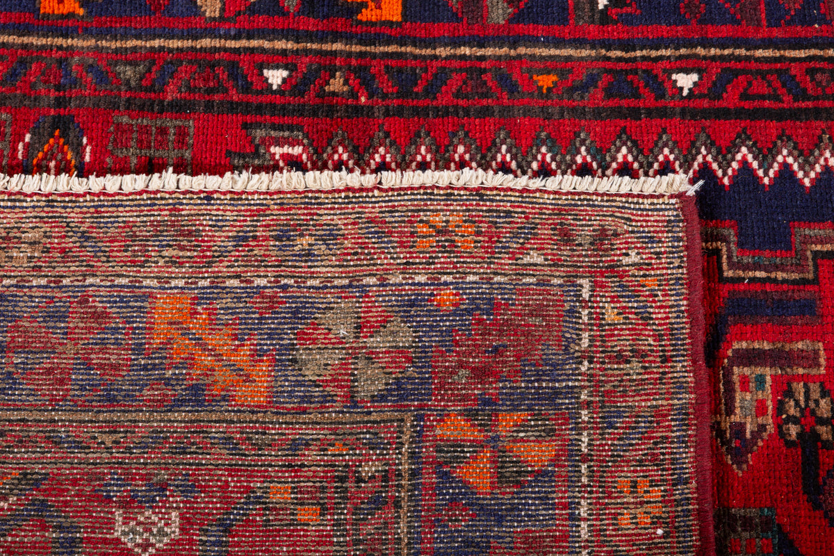 Vintage Red, Deep Navy Blue Central Medallion Hand-Knotted Area Rug – 7' 0" x 3' 8" (213 x 111 cm)