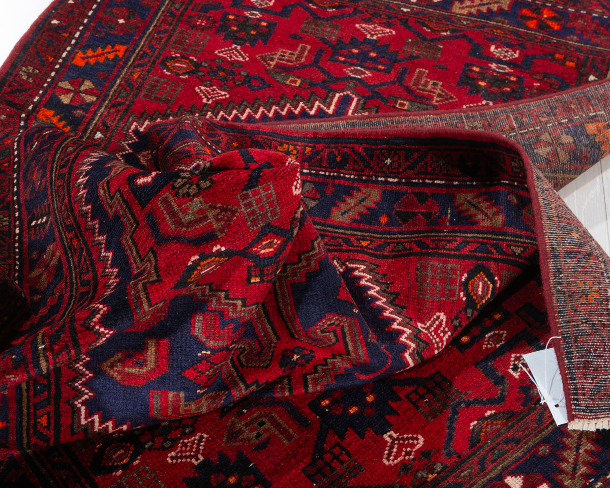 Vintage Red, Deep Navy Blue Central Medallion Hand-Knotted Area Rug – 7' 0" x 3' 8" (213 x 111 cm)
