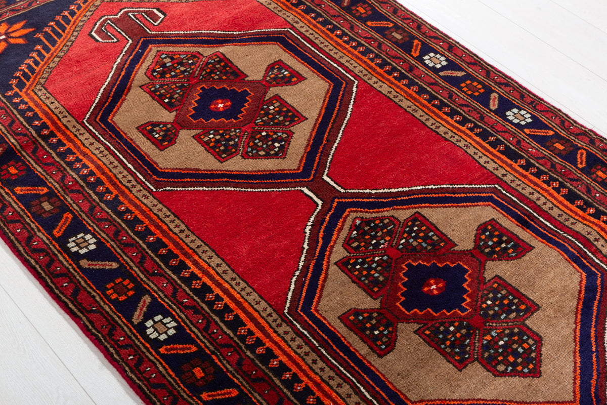 Vintage Red, Brown, Navy Blue Medallion Geometric Hand-Knotted Area Rug – 6' 9" x 3' 7" (206 x 108 cm)