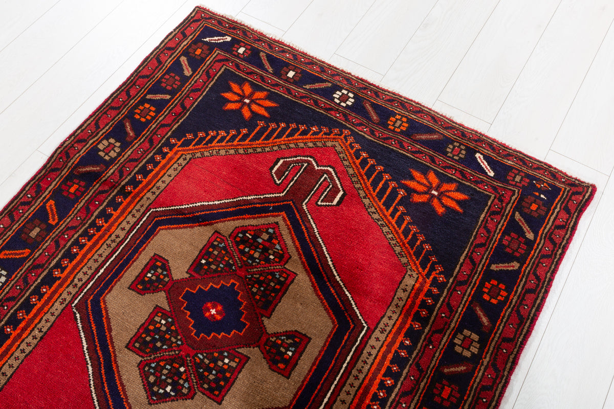 Vintage Red, Brown, Navy Blue Medallion Geometric Hand-Knotted Area Rug – 6' 9" x 3' 7" (206 x 108 cm)