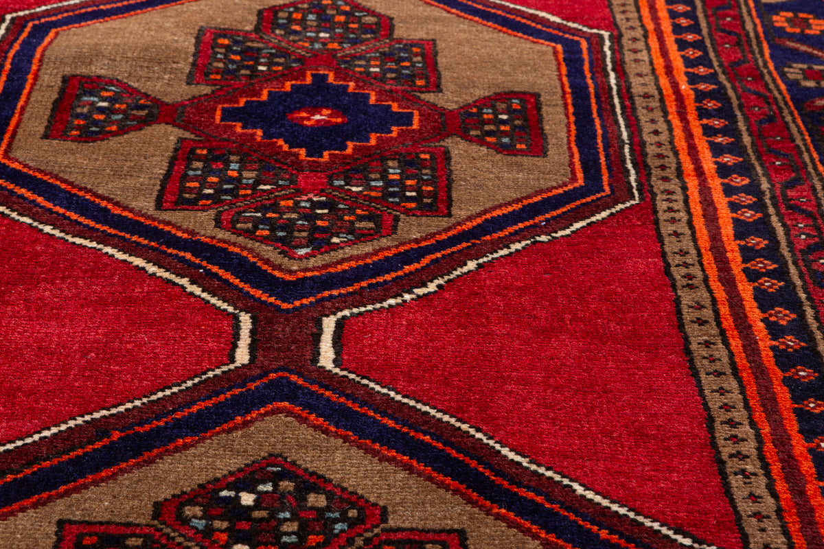 Vintage Red, Brown, Navy Blue Medallion Geometric Hand-Knotted Area Rug – 6' 9" x 3' 7" (206 x 108 cm)