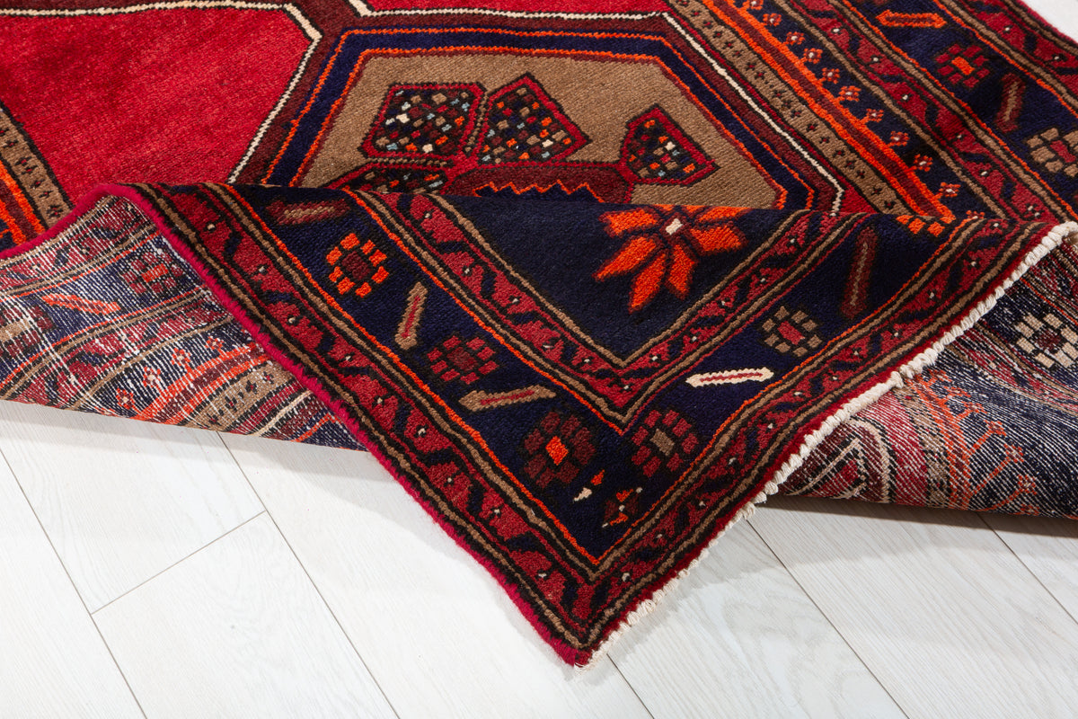 Vintage Red, Brown, Navy Blue Medallion Geometric Hand-Knotted Area Rug – 6' 9" x 3' 7" (206 x 108 cm)