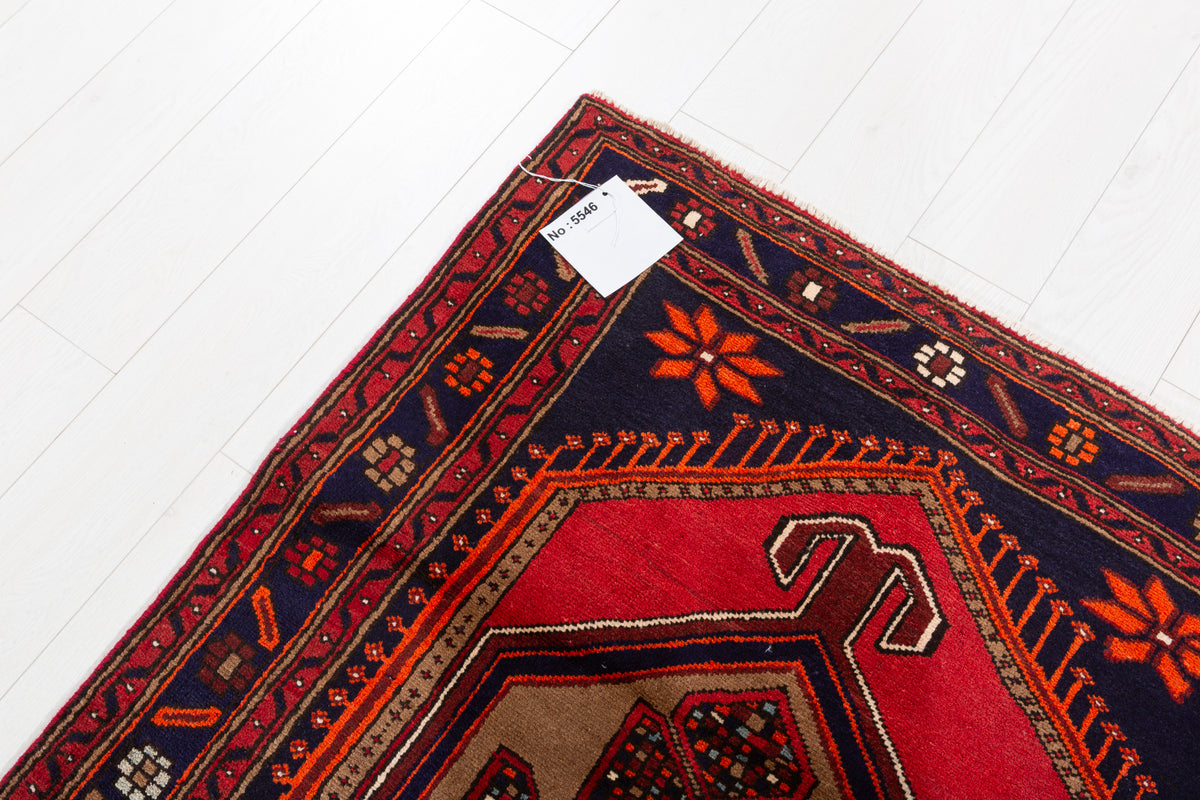 Vintage Red, Brown, Navy Blue Medallion Geometric Hand-Knotted Area Rug – 6' 9" x 3' 7" (206 x 108 cm)
