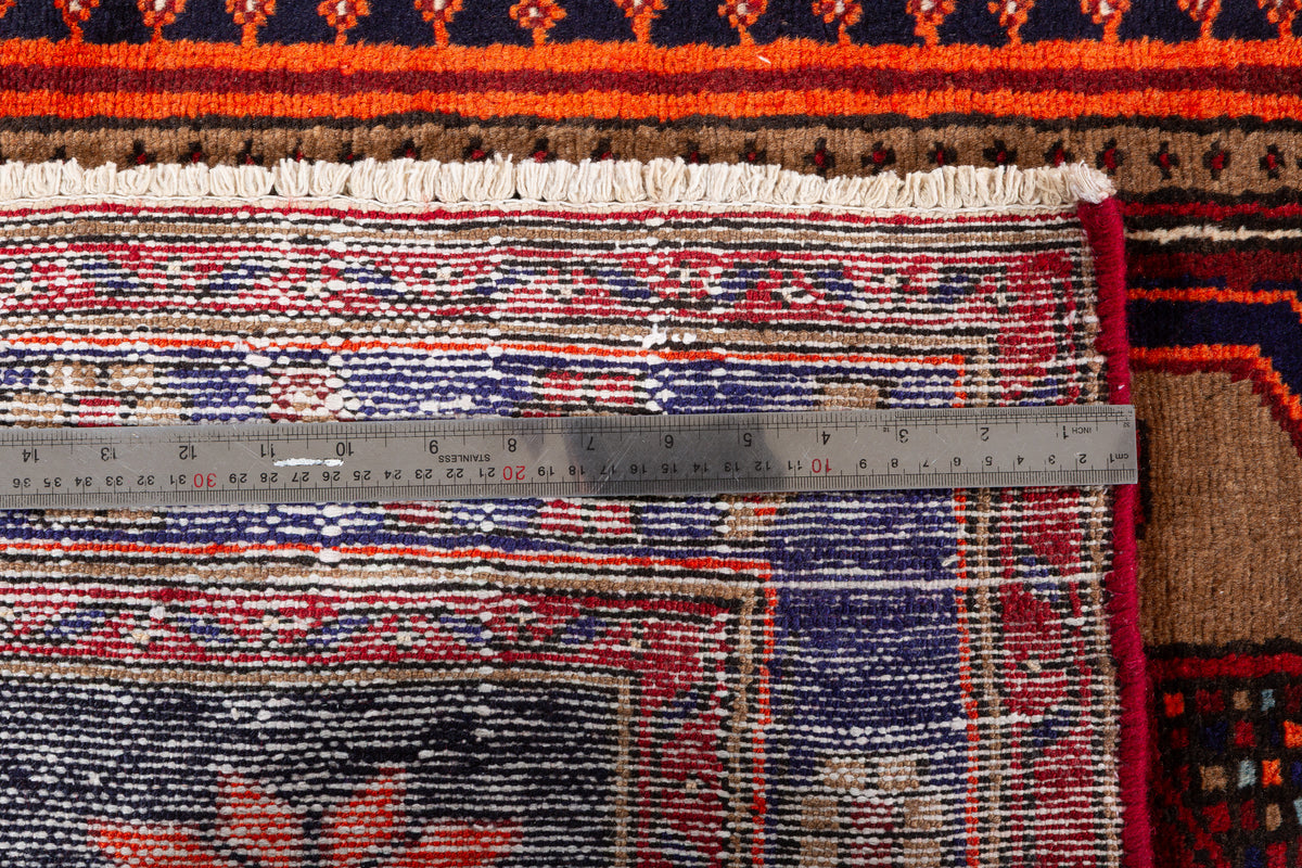 Vintage Red, Brown, Navy Blue Medallion Geometric Hand-Knotted Area Rug – 6' 9" x 3' 7" (206 x 108 cm)