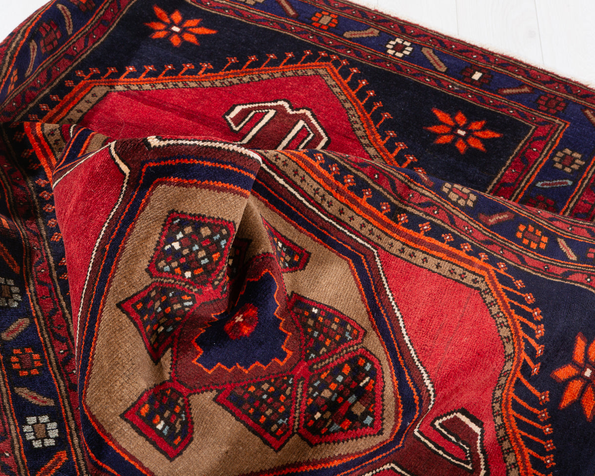 Vintage Red, Brown, Navy Blue Medallion Geometric Hand-Knotted Area Rug – 6' 9" x 3' 7" (206 x 108 cm)