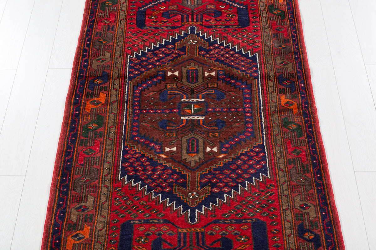 Vintage Red, Navy Blue Medallion Geometric Hand-Knotted Area Rug – 6' 8" x 3' 7" (204 x 109 cm)