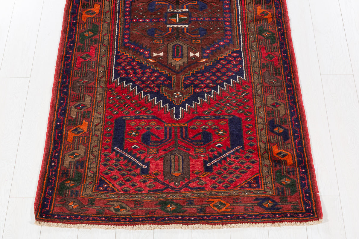 Vintage Red, Navy Blue Medallion Geometric Hand-Knotted Area Rug – 6' 8" x 3' 7" (204 x 109 cm)