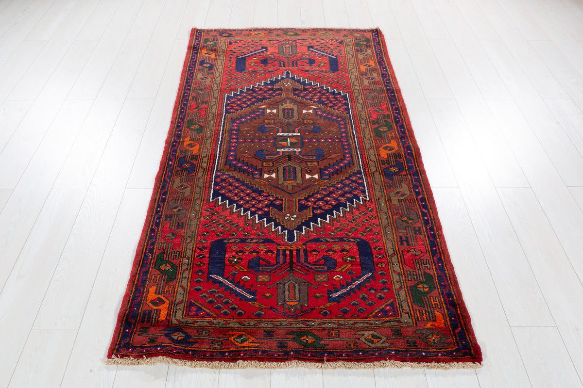 Vintage Red, Navy Blue Medallion Geometric Hand-Knotted Area Rug – 6' 8" x 3' 7" (204 x 109 cm)
