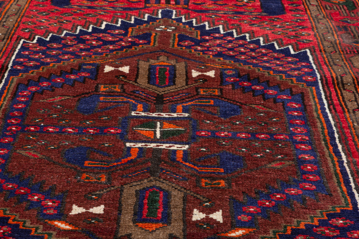 Vintage Red, Navy Blue Medallion Geometric Hand-Knotted Area Rug – 6' 8" x 3' 7" (204 x 109 cm)