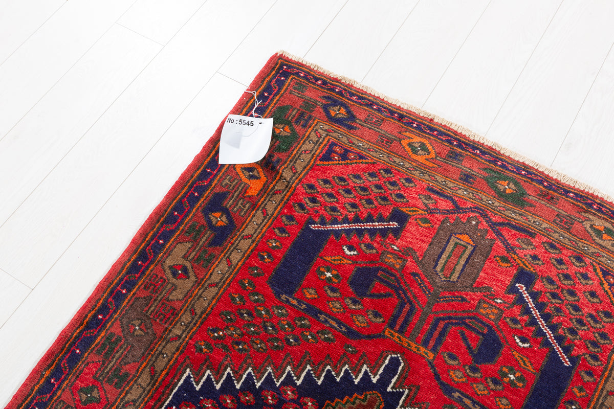 Vintage Red, Navy Blue Medallion Geometric Hand-Knotted Area Rug – 6' 8" x 3' 7" (204 x 109 cm)
