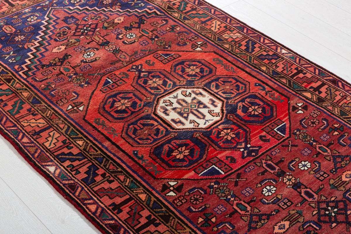 Vintage Rust Red, Navy Blue Central Medallion Hand-Knotted Area Rug – 6' 8" x 3' 7" (204 x 109 cm)