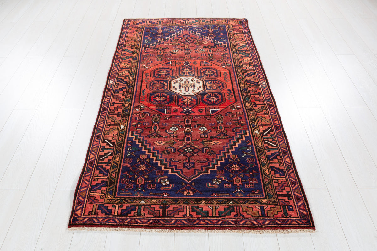 Vintage Rust Red, Navy Blue Central Medallion Hand-Knotted Area Rug – 6' 8" x 3' 7" (204 x 109 cm)