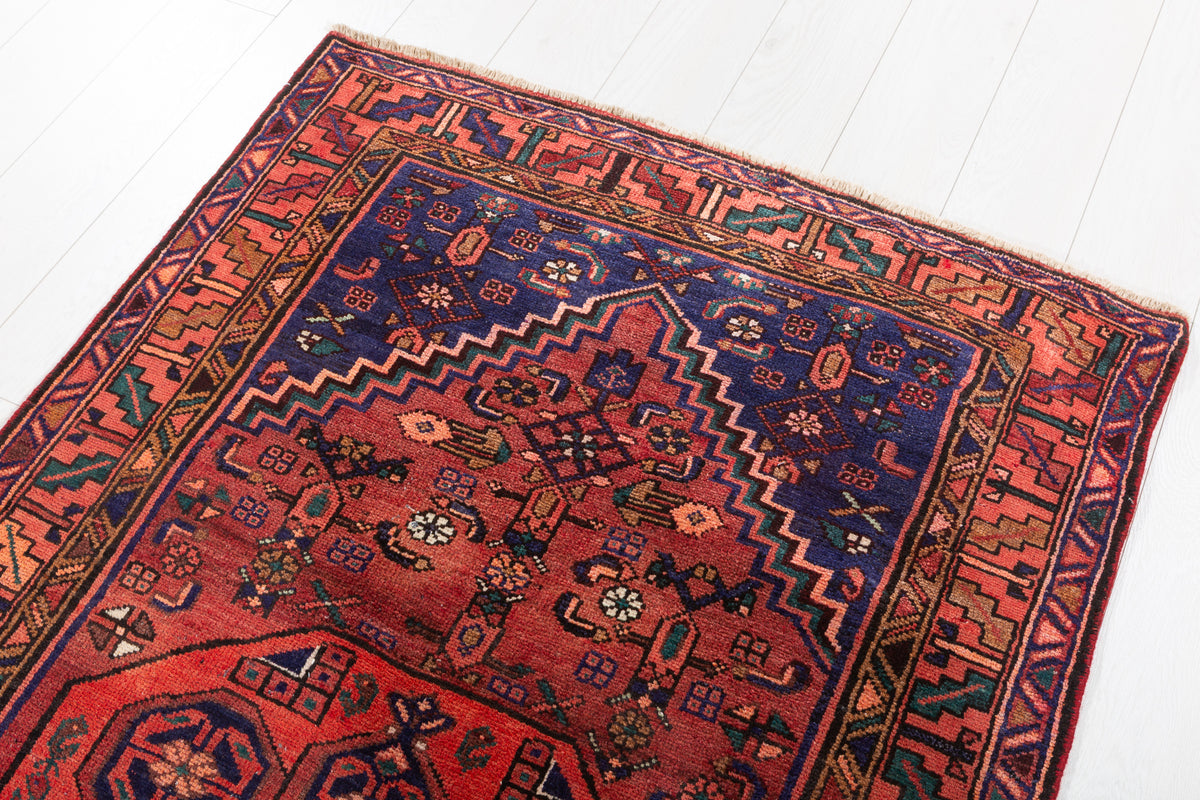Vintage Rust Red, Navy Blue Central Medallion Hand-Knotted Area Rug – 6' 8" x 3' 7" (204 x 109 cm)