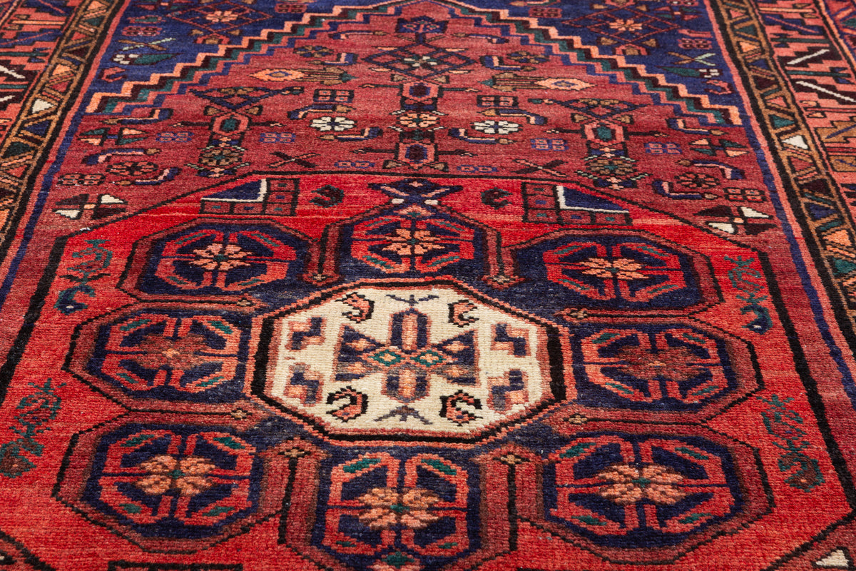 Vintage Rust Red, Navy Blue Central Medallion Hand-Knotted Area Rug – 6' 8" x 3' 7" (204 x 109 cm)