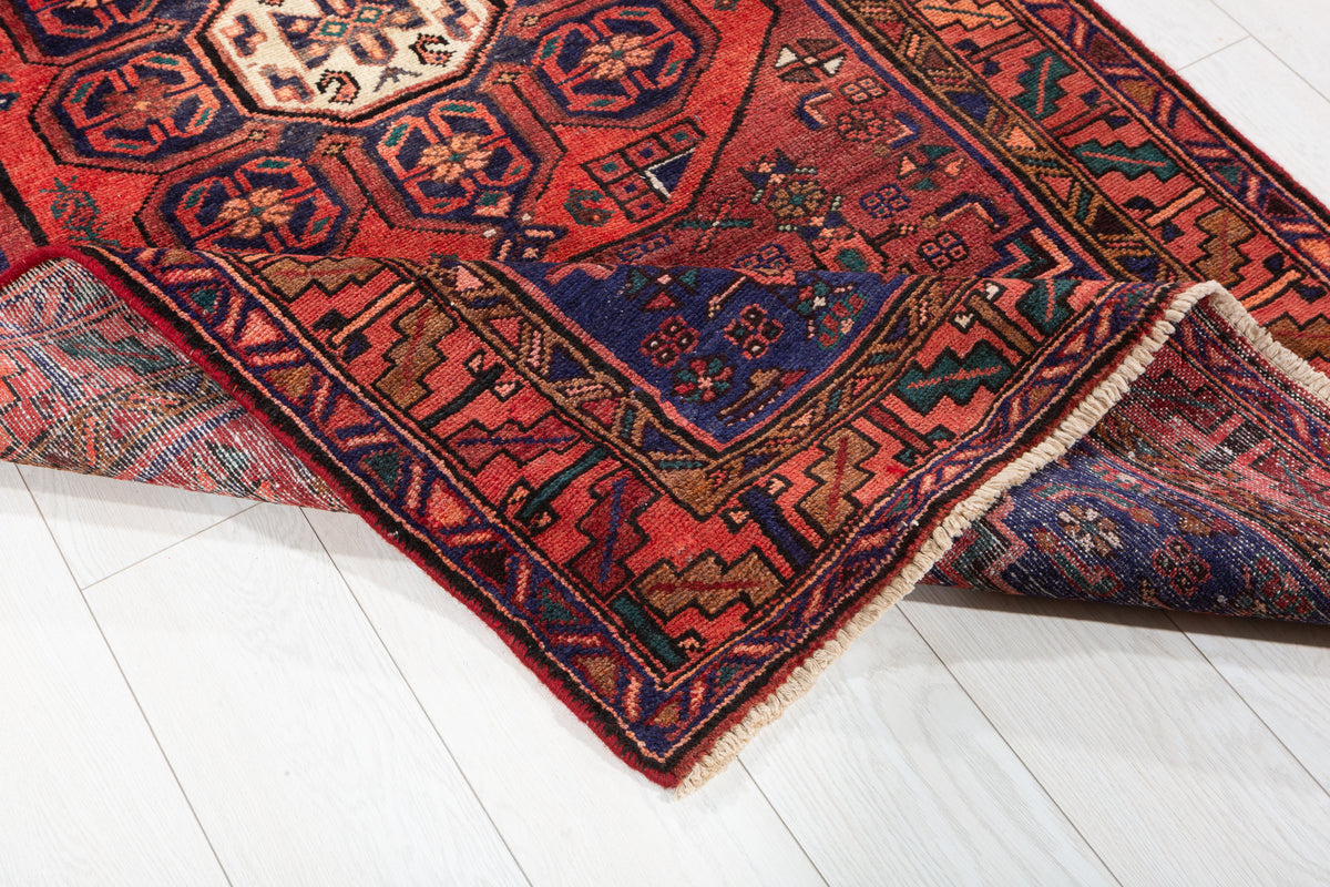 Vintage Rust Red, Navy Blue Central Medallion Hand-Knotted Area Rug – 6' 8" x 3' 7" (204 x 109 cm)