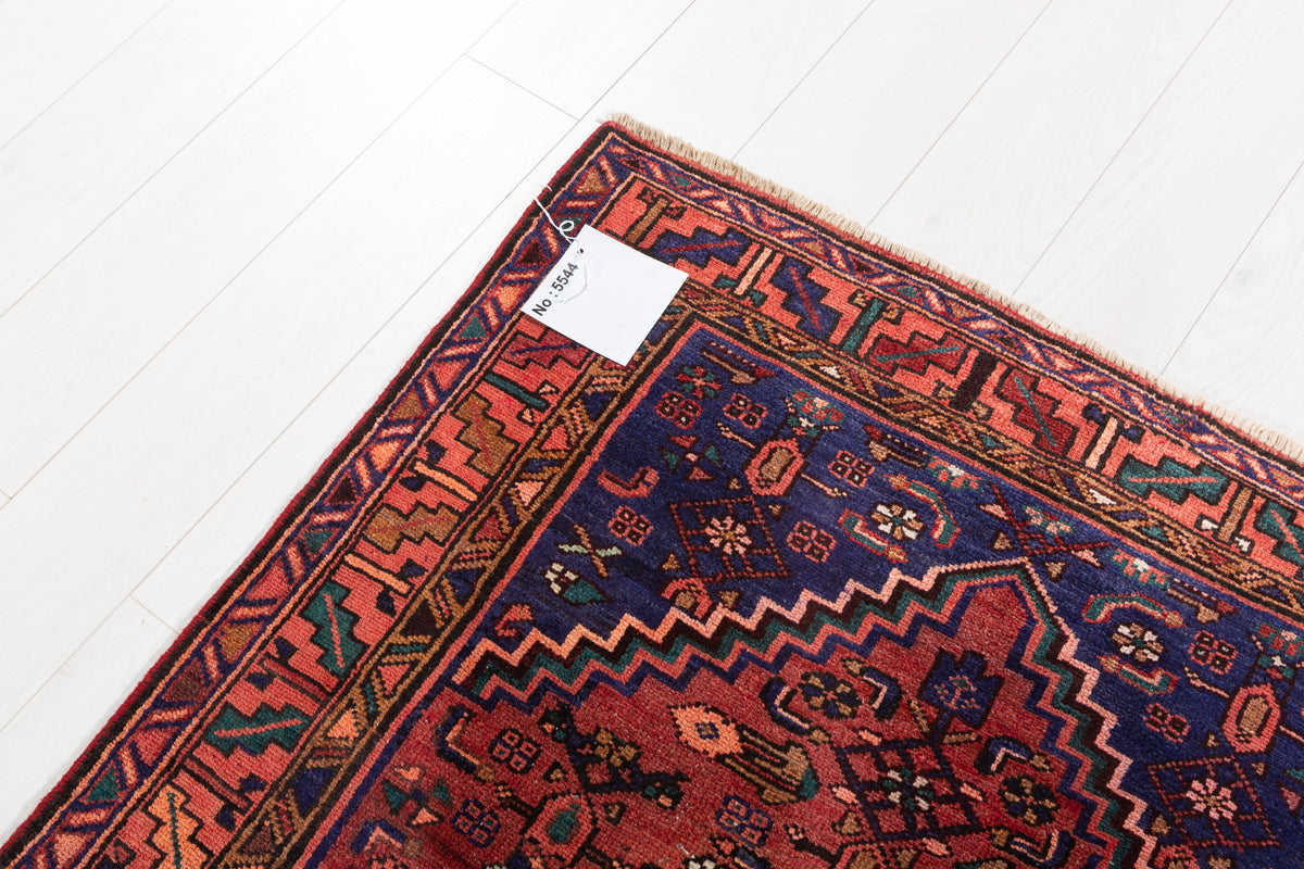 Vintage Rust Red, Navy Blue Central Medallion Hand-Knotted Area Rug – 6' 8" x 3' 7" (204 x 109 cm)