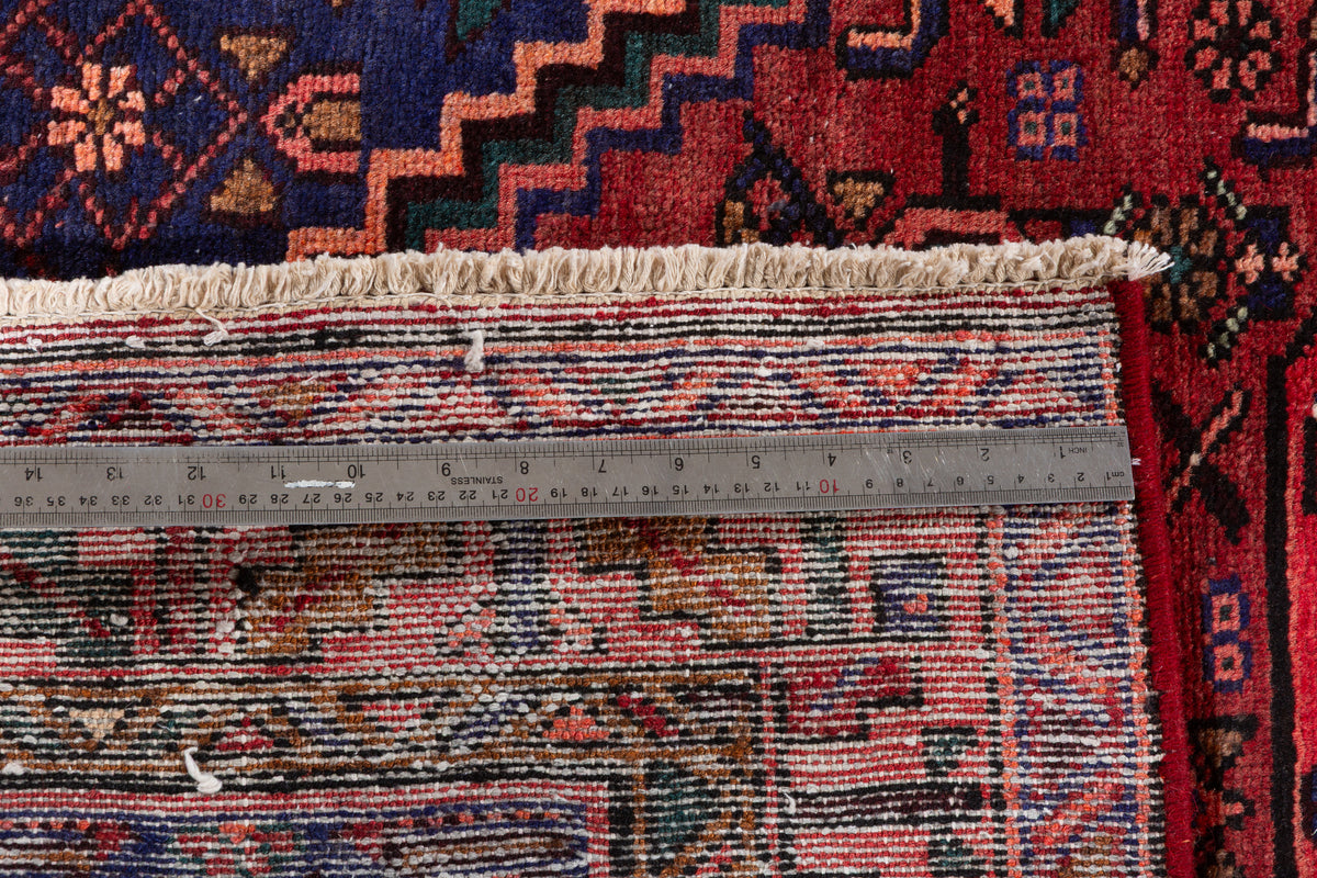 Vintage Rust Red, Navy Blue Central Medallion Hand-Knotted Area Rug – 6' 8" x 3' 7" (204 x 109 cm)