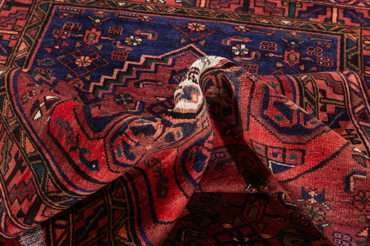 Vintage Rust Red, Navy Blue Central Medallion Hand-Knotted Area Rug – 6' 8" x 3' 7" (204 x 109 cm)