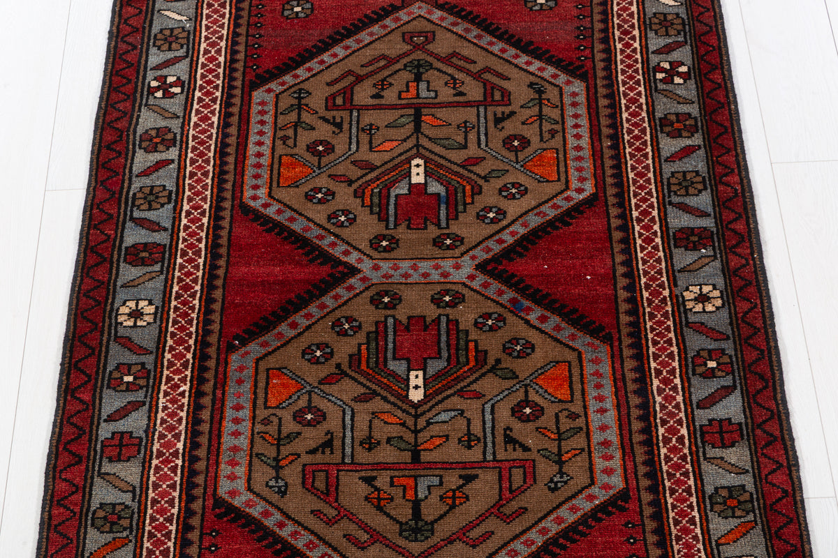 Vintage Red, Brown, Light Blue Medallion Geometric Hand-Knotted Area Rug – 6' 6" x 3' 6" (199 x 106 cm)