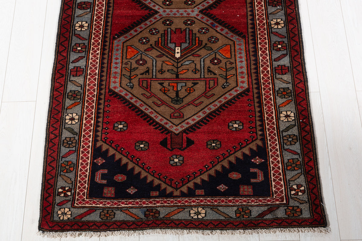 Vintage Red, Brown, Light Blue Medallion Geometric Hand-Knotted Area Rug – 6' 6" x 3' 6" (199 x 106 cm)