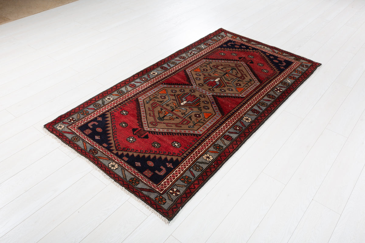 Vintage Red, Brown, Light Blue Medallion Geometric Hand-Knotted Area Rug – 6' 6" x 3' 6" (199 x 106 cm)