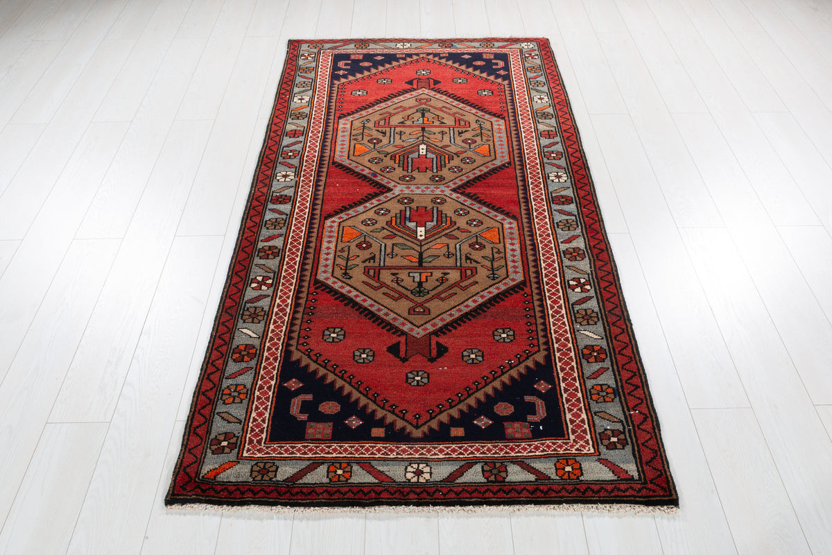 Vintage Red, Brown, Light Blue Medallion Geometric Hand-Knotted Area Rug – 6' 6" x 3' 6" (199 x 106 cm)