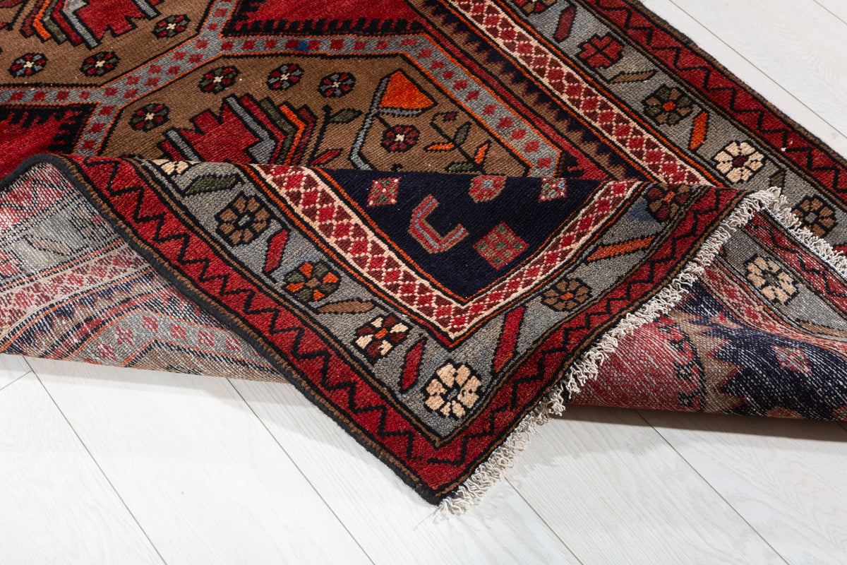 Vintage Red, Brown, Light Blue Medallion Geometric Hand-Knotted Area Rug – 6' 6" x 3' 6" (199 x 106 cm)