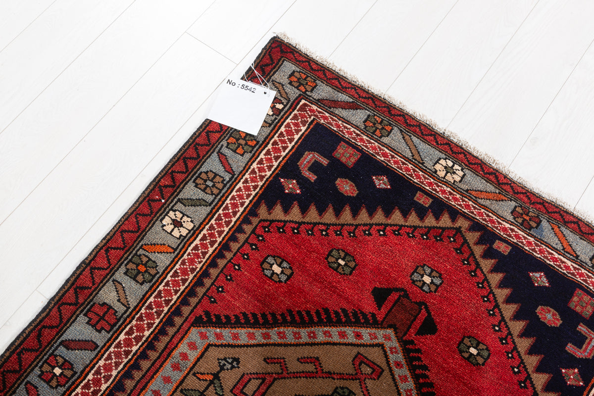 Vintage Red, Brown, Light Blue Medallion Geometric Hand-Knotted Area Rug – 6' 6" x 3' 6" (199 x 106 cm)