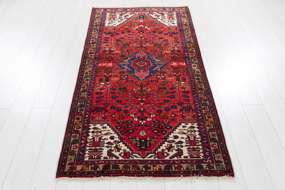 Vintage Red, Brown, Navy Blue Allover Geometric Hand-Knotted Area Rug – 6' 3" x 3' 3" (191 x 100 cm)