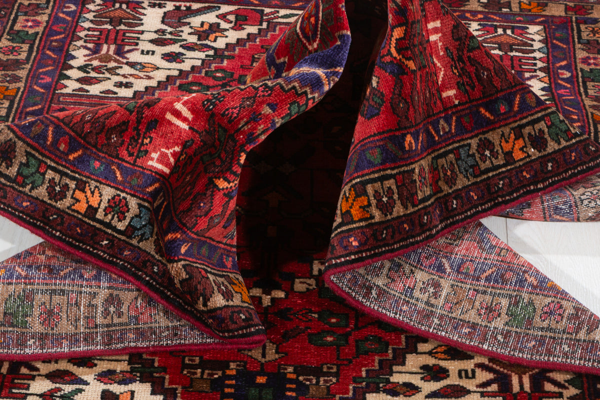 Vintage Red, Brown, Navy Blue Allover Geometric Hand-Knotted Area Rug – 6' 3" x 3' 3" (191 x 100 cm)