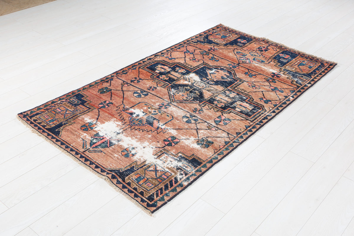 Antique Distressed Peach and Navy Blue Geometric Medallion Hand-Knotted Area Rug – 6' 6" x 3' 7" (197 x 109 cm)