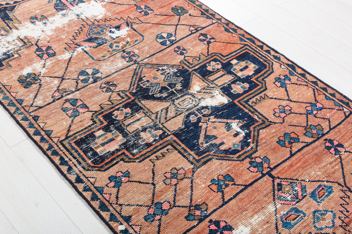 Antique Distressed Peach and Navy Blue Geometric Medallion Hand-Knotted Area Rug – 6' 6" x 3' 7" (197 x 109 cm)