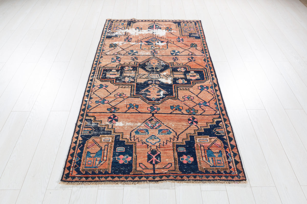 Antique Distressed Peach and Navy Blue Geometric Medallion Hand-Knotted Area Rug – 6' 6" x 3' 7" (197 x 109 cm)