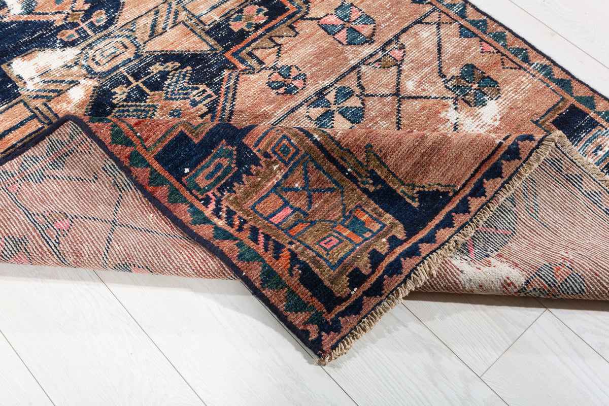 Antique Distressed Peach and Navy Blue Geometric Medallion Hand-Knotted Area Rug – 6' 6" x 3' 7" (197 x 109 cm)