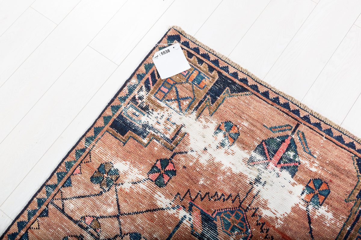 Antique Distressed Peach and Navy Blue Geometric Medallion Hand-Knotted Area Rug – 6' 6" x 3' 7" (197 x 109 cm)