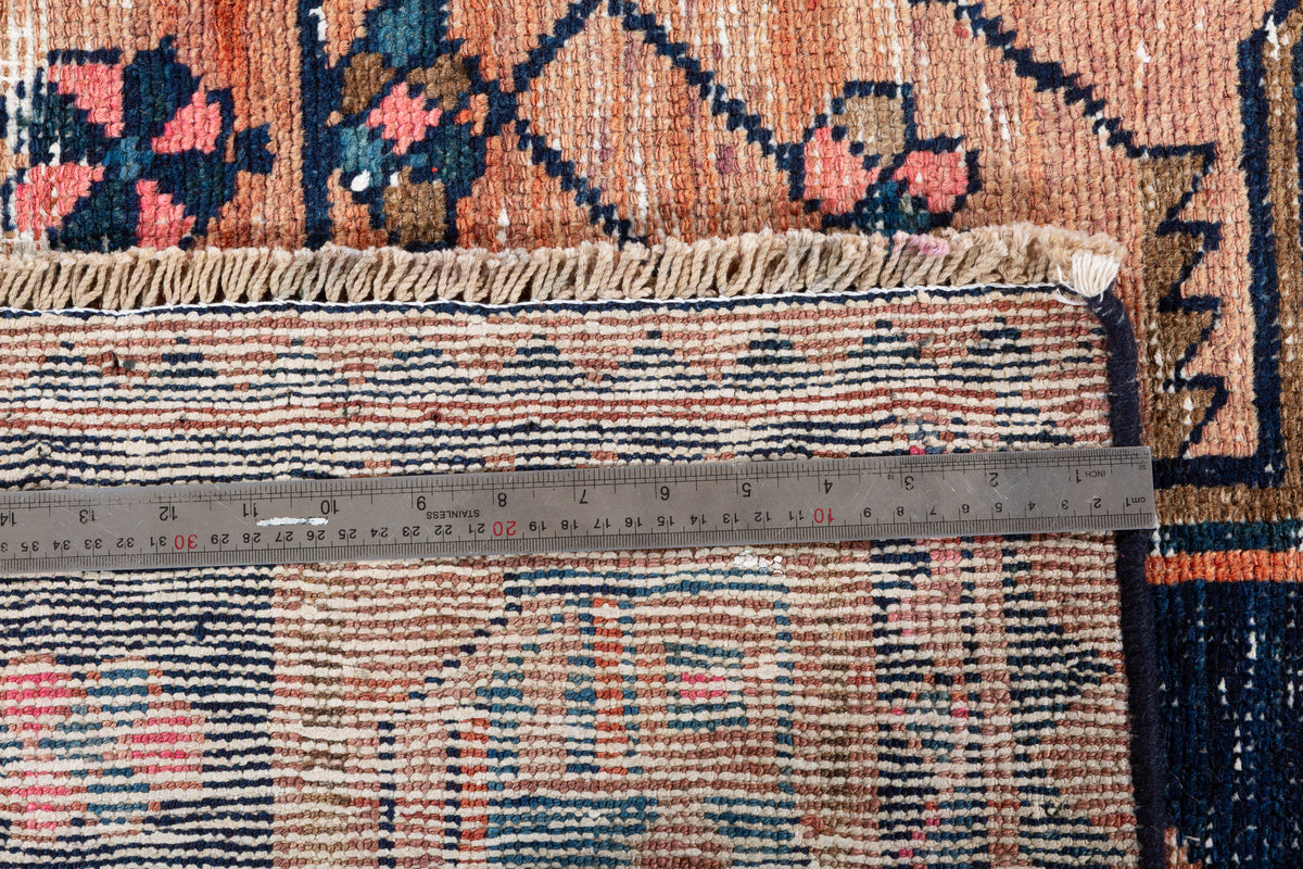 Antique Distressed Peach and Navy Blue Geometric Medallion Hand-Knotted Area Rug – 6' 6" x 3' 7" (197 x 109 cm)