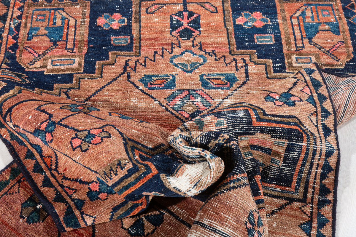 Antique Distressed Peach and Navy Blue Geometric Medallion Hand-Knotted Area Rug – 6' 6" x 3' 7" (197 x 109 cm)