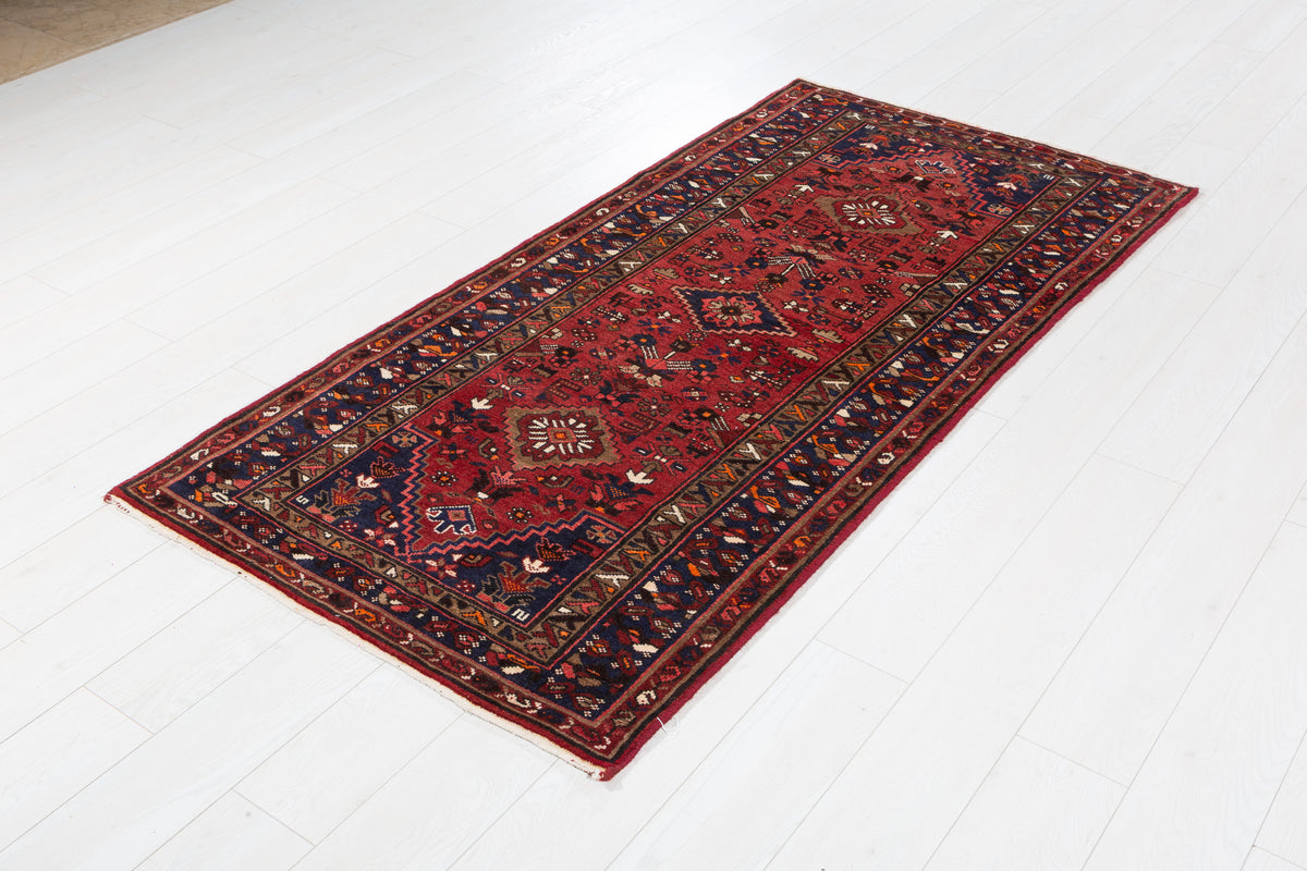 Vintage Red and Navy Blue Allover Medallion Hand-Knotted Area Rug – 6' 4" x 3' 2" (194 x 97 cm)