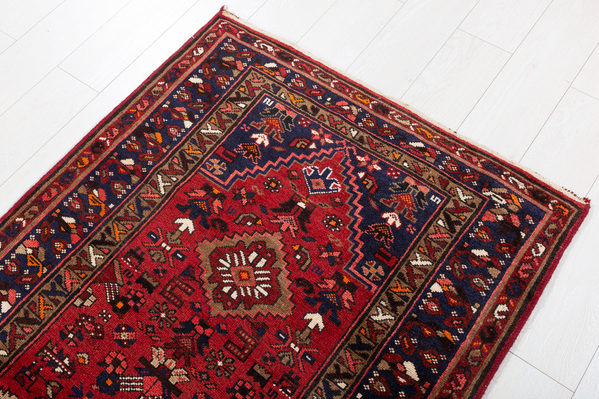 Vintage Red and Navy Blue Allover Medallion Hand-Knotted Area Rug – 6' 4" x 3' 2" (194 x 97 cm)