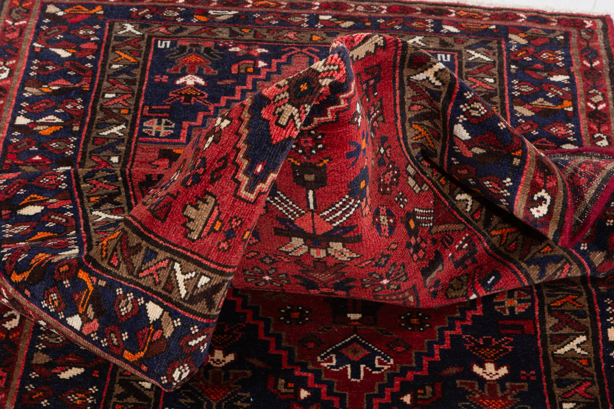 Vintage Red and Navy Blue Allover Medallion Hand-Knotted Area Rug – 6' 4" x 3' 2" (194 x 97 cm)