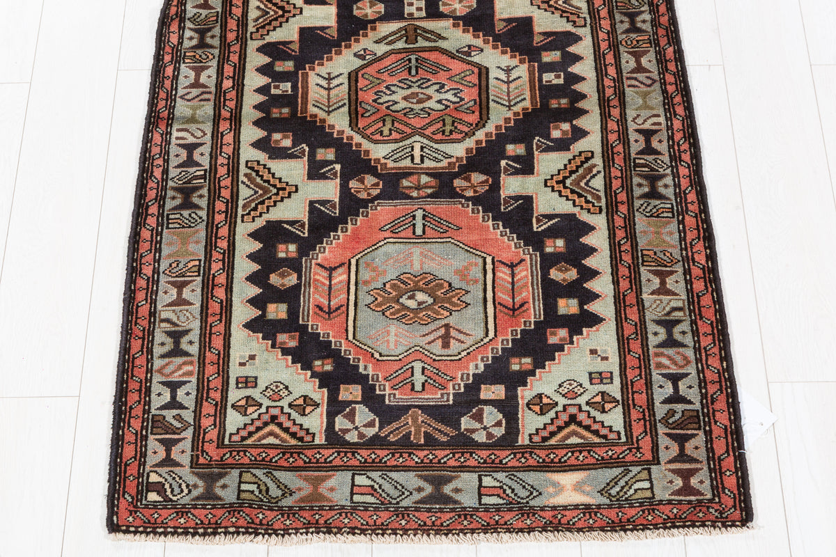 Vintage Navy Blue and Soft Blue Four Medallion Panel Area Rug – 6' 2" x 2' 11" (187 x 89 cm)