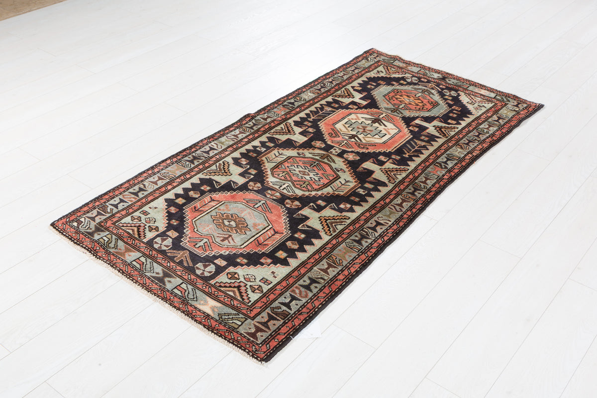 Vintage Navy Blue and Soft Blue Four Medallion Panel Area Rug – 6' 2" x 2' 11" (187 x 89 cm)