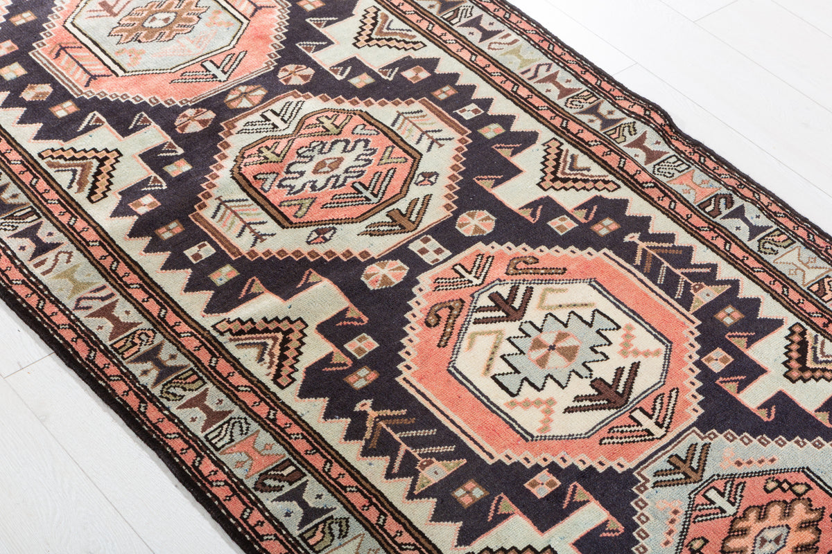 Vintage Navy Blue and Soft Blue Four Medallion Panel Area Rug – 6' 2" x 2' 11" (187 x 89 cm)