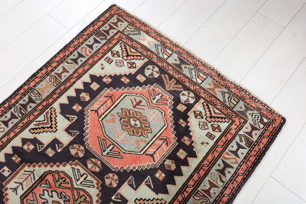 Vintage Navy Blue and Soft Blue Four Medallion Panel Area Rug – 6' 2" x 2' 11" (187 x 89 cm)